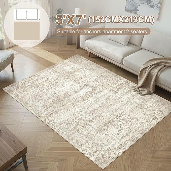 Area Rug Living Room Rugs - 5x7 Abstract Large Soft Indoor Washable Rug Neutral Modern Low Pile Carpet for Bedroom Dining Room Farmhouse Home Office - Vintage Beige
