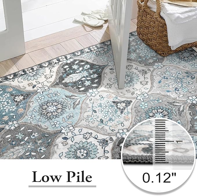 Lahome Moroccan Washable Living Room Rug, 5x8 Rugs for Bedroom Dining Room, Soft Non-Slip Non Shedding Boho Distressed Throw Carpet for Nursery Office, Blue