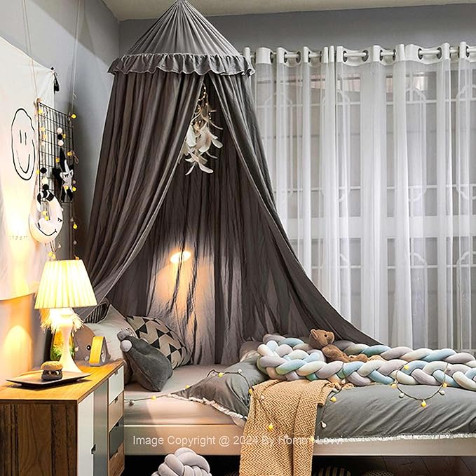 Bed Canopy for Girls, Dreamy Frills Ceiling Hanging Princess Canopy Bedroom Decoration Soft Canopy Net Reading Nook, Extra Large Full Queen Size Bed Canopies - Grey