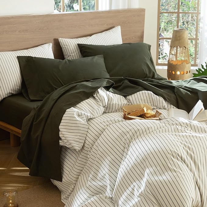 MooMee Bedding Sheet Set 100% Washed Cotton Linen Like Textured Breathable Durable Soft Comfy (Solid Olive Green, Twin)