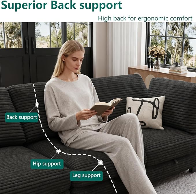 Modular Sectional Sofa with Adjustable Backrest, Convertible L/U-Shaped Sleeper Couch for Living Room, Cloud Sofa Bed Modern Reversible Design, Black