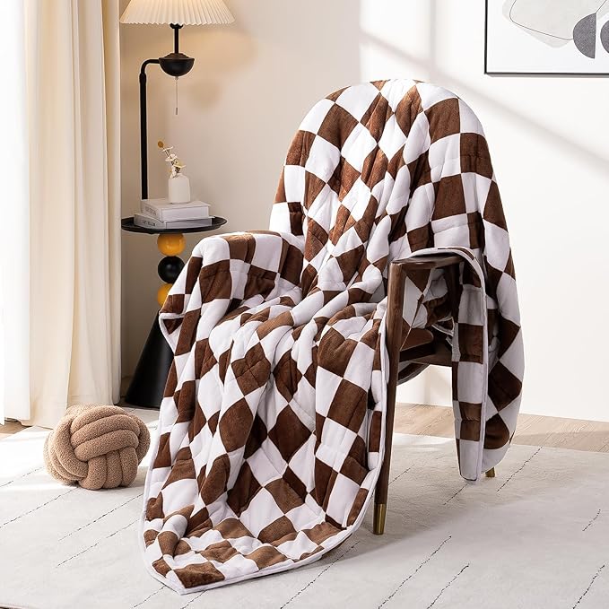 Wemore Flannel Fleece Weighted Blanket for Adult Twin Size 15 lbs, Dual Sided Luxurious Checkerboard Grid Heavy Blankets, Ultra Soft Throw Blanket, Plaid Khaki, 48 x 72 inches