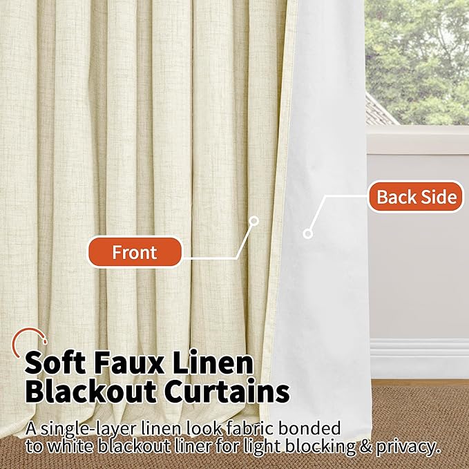 Cream 100% Blackout Curtains for Living Room 72 Inch Length 2 Panels Set, Thermal Insulated Light Blocking Faux Linen Curtains for Bedroom, Bronze Grommet Boho Window Drape Each 52" Wide