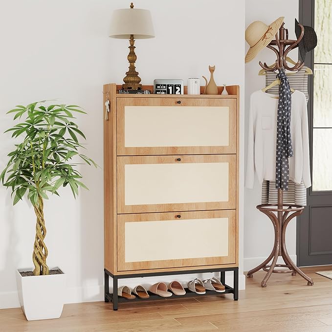 Slim Entryway Shoe Storage Cabinet with 3 Flip Drawers, Modern Freestanding Shoes Organizer Holds 16-20 Pairs, Closed Shoe Storage for Hallway, Foyer - Space-Saving Wood Shoe Cabinet