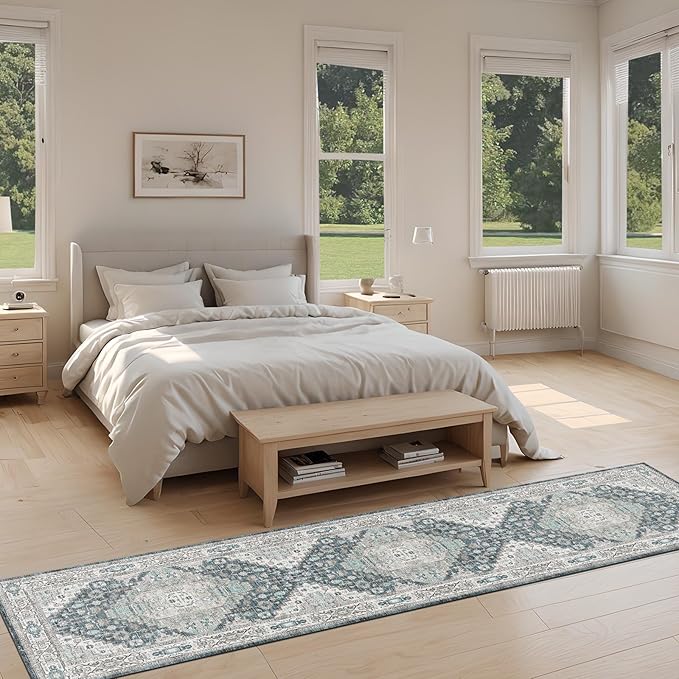 Washable Runner Hallway Rug,Low Pile 2x8 Non Slip Non-Shedding Kitchen Carpet Soft Indoor Stain Resistant Rug for Bedroom Laundry Room Bathroom Blue Beige Multi