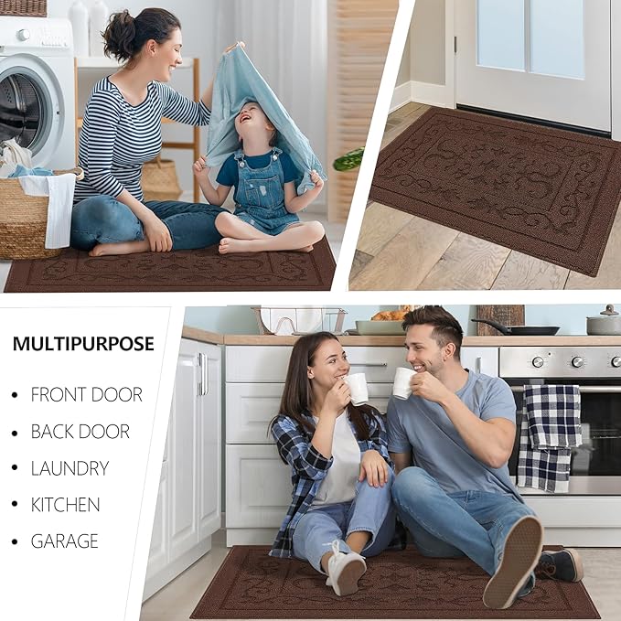 FONEYI Indoor Door Mat 32" x 48", Dirt Trapper Door Mats Non-Slip Entryway Rugs Washable, Absorbent Resist Dirt Welcome Mat, Low Profile Inside Floor Mats for Front Back Door and Entryway, Coffee