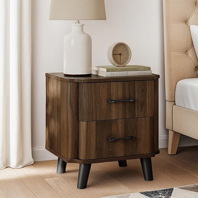 LuxenHome Mid Century Modern Nightstand, 20" Walnut Night Stand with Curved Edge, Dark Brown Nightstand with Drawers, Boho Bed Side Tables Bedroom, Storage Side Table, End Tables Living Room, 1PC