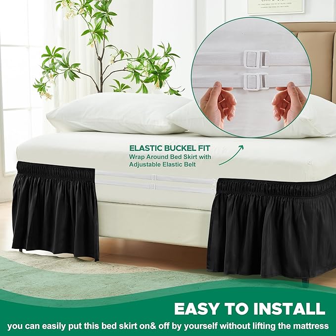 Biscaynebay Wrap Around Bed Skirts for Full & Full XL Beds 18" Drop, Black Adjustable Elastic Dust Ruffles Easy Fit Wrinkle Resistant Silky Luxurious Fabric Machine Washable