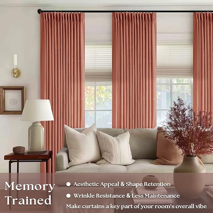 Red Clay Linen Pinch Pleated Curtains 108 Inches Long 2 Panels for Living Room Bedroom Light Filtering Drapes 108 Inch Length Terracotta Autumn Fall Semi Sheer Memory Trained Ceiling Floor Curtain