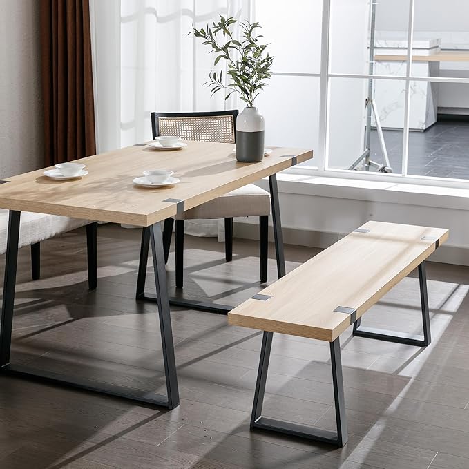 Wahson 60" Dining Bench Set of 2, Natural Wooden Table Bench with Metal Legs, Modern Kitchen Bench for Enrtyway/Indoor/Dining Room