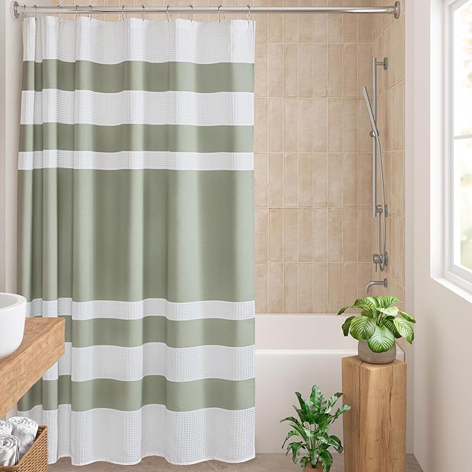 Madison Park Shower Curtain Spa Waffle Weave Shower Curtain for Bathroom 3M Scotchgard Moisture Management, Spa Quality Modern Shower Curtains for Bathroom, Standard 72x72 Sage Green