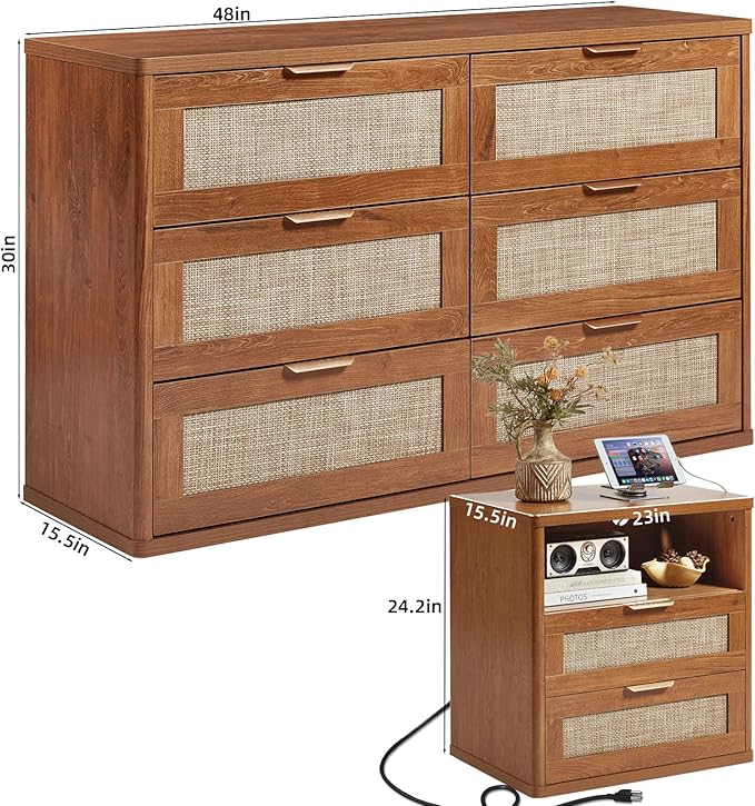 LEYAOYAO Rattan Dresser and Nightstand Set of 2, Boho Wood Dresser for Bedroom with 6 Drawers and Night Stand with Charging Station, Bedroom Furniture, Dressers & Chests of Drawers,Living Room,Hallway