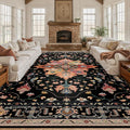 Area Rugs 10'x12' Washable Non-Slip, Floral Vintage Distress Print Pattern Medallion Carpet for Living Room Bedroom Dining Room, Black Colorful Floral Dark Tan