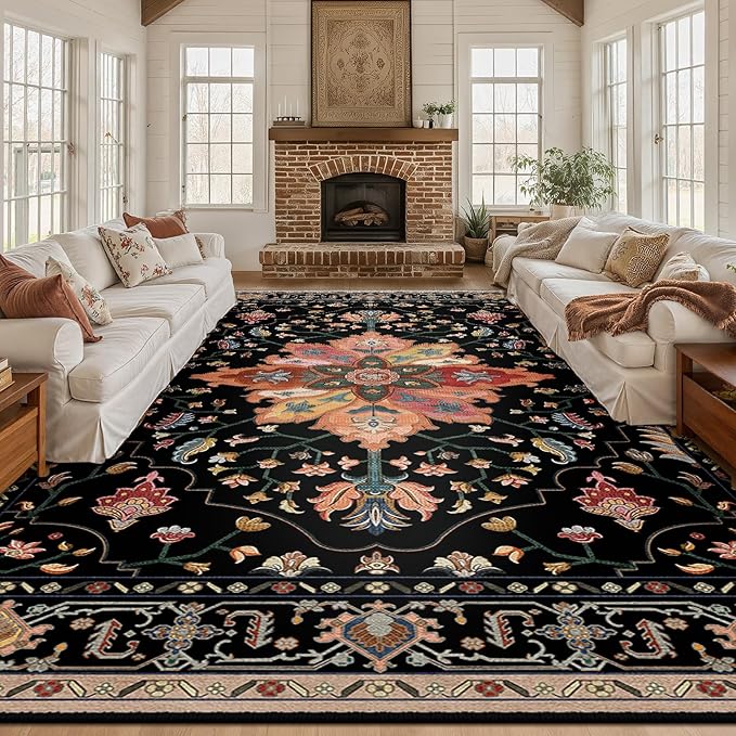 Area Rugs 10'x12' Washable Non-Slip, Floral Vintage Distress Print Pattern Medallion Carpet for Living Room Bedroom Dining Room, Black Colorful Floral Dark Tan