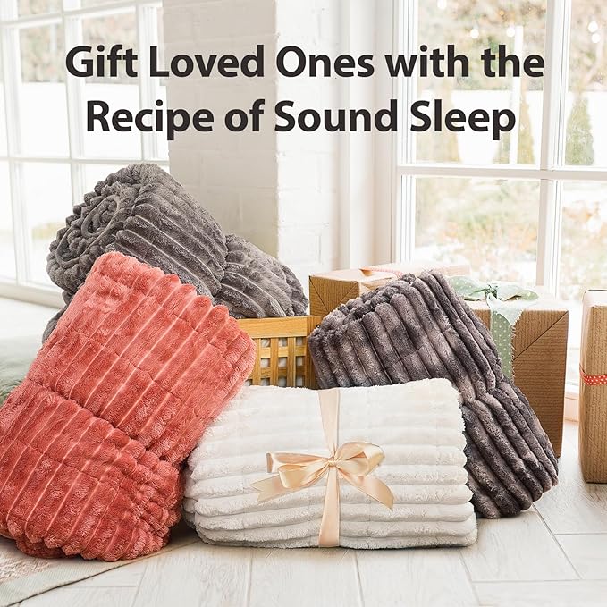 Sherpa Fleece Weighted Blanket with 3D Ribbed Stripes, 12 lbs Soft Flannel Heavy Throw Blanket for Couch Bed Sofa, Heavy Thick Blankets with Ceramic Beads, Great for Sleep, 48" x 72"