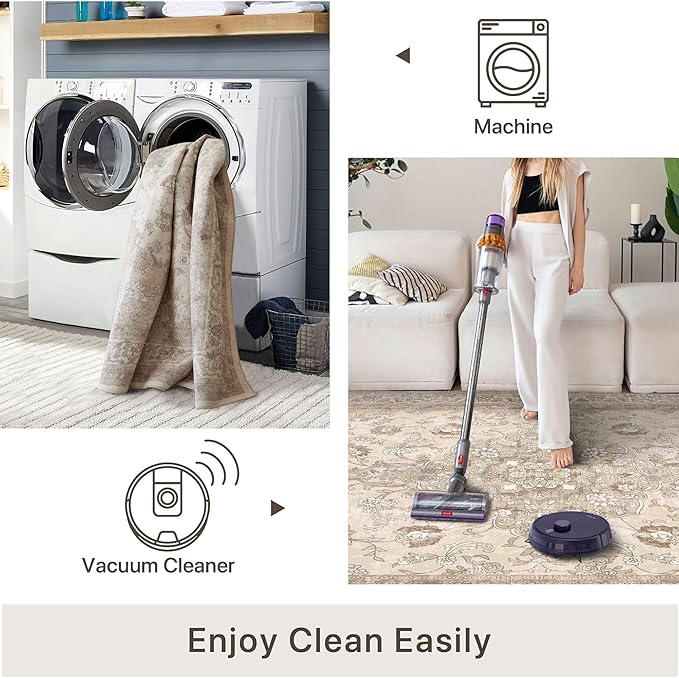 vivorug 8x10 Neutral Area Rugs for Living Room, Non-Slip Backing Washable Rug 8x10, Beige Large Area Rug Soft Carpet for Bedroom Dining Room, Vintage, Easy Clean, Durable, Low Pile Rug Under Table