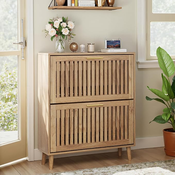 Shoe Storage Cabinet with 2 Flip Slatted Drawers, Narrow Freestanding Shoe Cabinet with Gold Handle, Hidden Entryway Shoe Organizer for Hallway, Foyer, Natural Oak