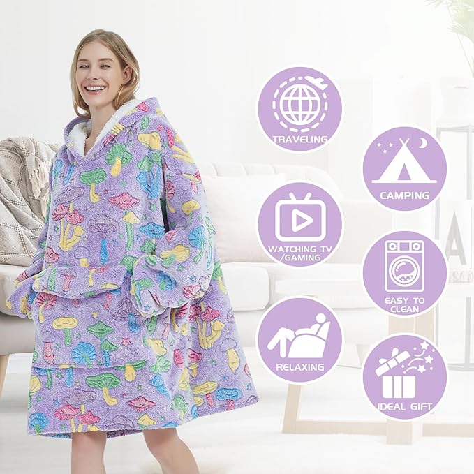 Glow in The Dark Mushroom Wearable Blanket Hoodie for Adult,Oversized Sherpa Fleece Blanket Hoodie for Women Men,Mushroom