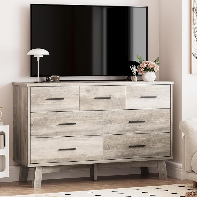 Dresser for Bedroom with 7 Drawer, Wood Modern Chest of Drawers with X-Shaped Sturdy Base, Wide Double Dresser Closet Clothes Storage Organizer, Wooden TV Stand for Living Room, Hallway, Grey