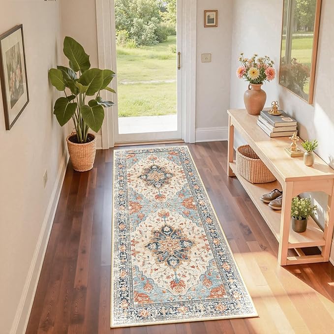 Area Rugs 2'x6' Washable Non-Slip, Floral Vintage Distress Print Pattern Medallion Carpet for Living Room Bedroom Dining Room, Beige Navy Blue Orange Colorful