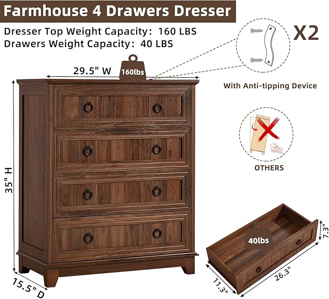 Farmhouse 4 Drawer Dresser for Bedroom, 35" Tall Small Dressers & Chest of Drawers, Rustic Wood Dresser with Metal Handle, Storage Organizer Closet for Living Room, Hallway, Entryway