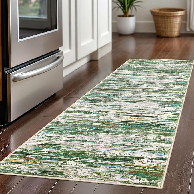 2x5 Modern Abstract Runner Rug for Hallway, Green Grey Multi Super Soft Hallway Decor Kitchen Rugs with Non-Slip, Non-Shedding Washable Rug for Hallways Entryway Bedroom Laundry Indoor