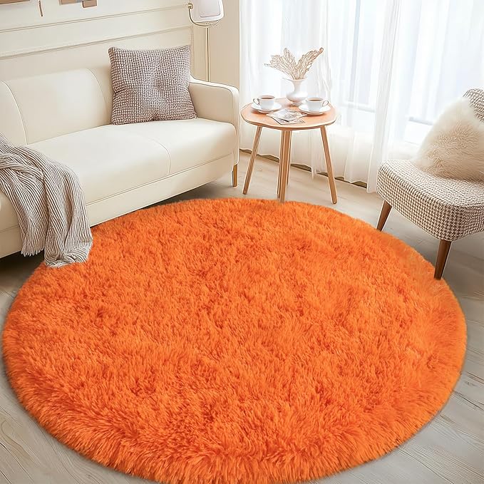 Round Orange Rug for Bedroom, 5 ft Circle Area Rugs for Living Room, Soft Fluffy Shag Carpet for Teen Girls Boys Nursery Room Dorm Home Decor Aesthetic
