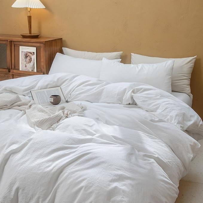 FOSSA Duvet Cover Set 100% Washed Cotton Linen Feel Super Soft Breathable Cozy Simple Style 3 Pieces Bedding Sets Solid Bright White Twin/Twin XL
