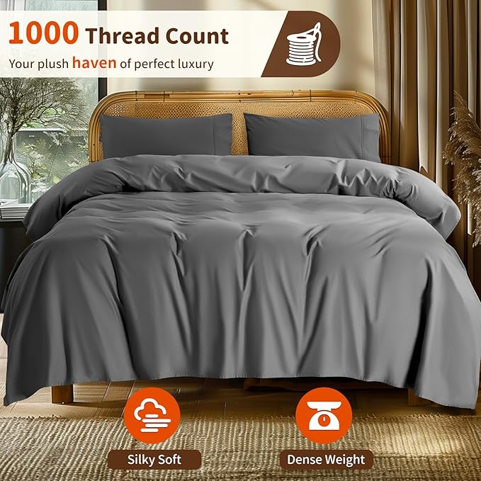 LBRO2M 100% Cotton Sheets Set Deep Pocket 24", 1000 Thread Count King Size 4 Piece Bed Sheet Sets Soft Comfortable Bedding All Season (King, Dark Gray)