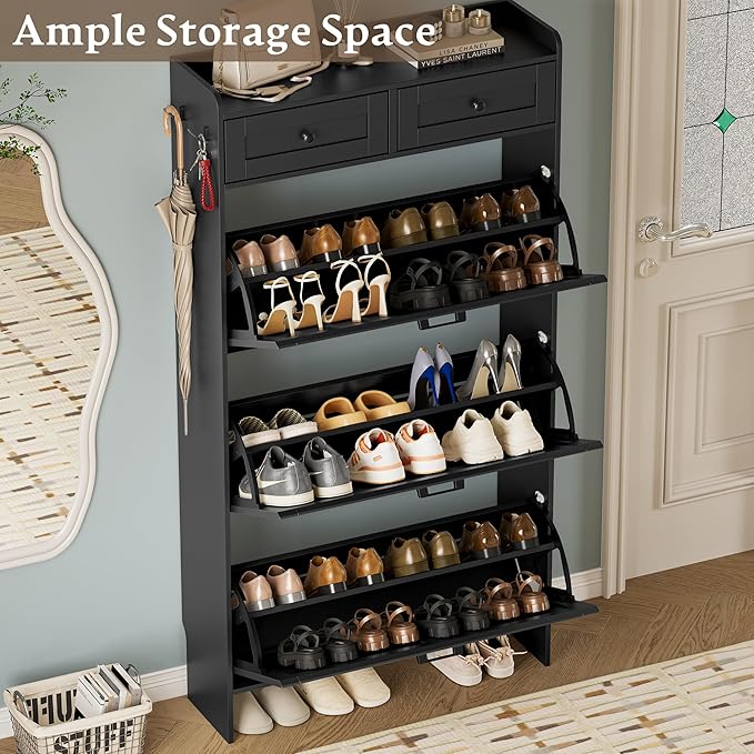 Shoe Storage Cabinet for Entryway, Farmhouse Narrow Shoe Cabinet with 3 Flip Drawers & 2 Top Drawers, Adjustable Shelves & Hooks, Freestanding Hidden Rack Organizer for Hallway, Foyer