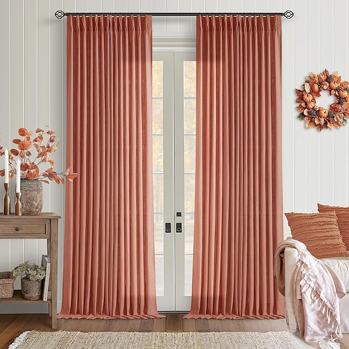 FireBrick Pleated Linen Curtains 96 Inches Long for Living Room 2 Panel Set Semi Sheer Light Filtering Pinch Pleat with Rings Hooks Drapes Farmhouse Rustic Terracotta Red Clay Curtain Bedroom Window