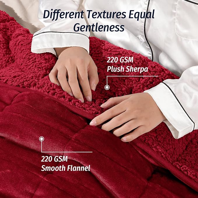 Wemore Sherpa Fleece Weighted Blanket for Adult,20 lbs Dual Sided Cozy Fluffy Heavy Blanket,Ultra Fuzzy Throw Blanket with Soft Plush Flannel Top,60 x 80 inches for Queen Burgundy on Both Sides