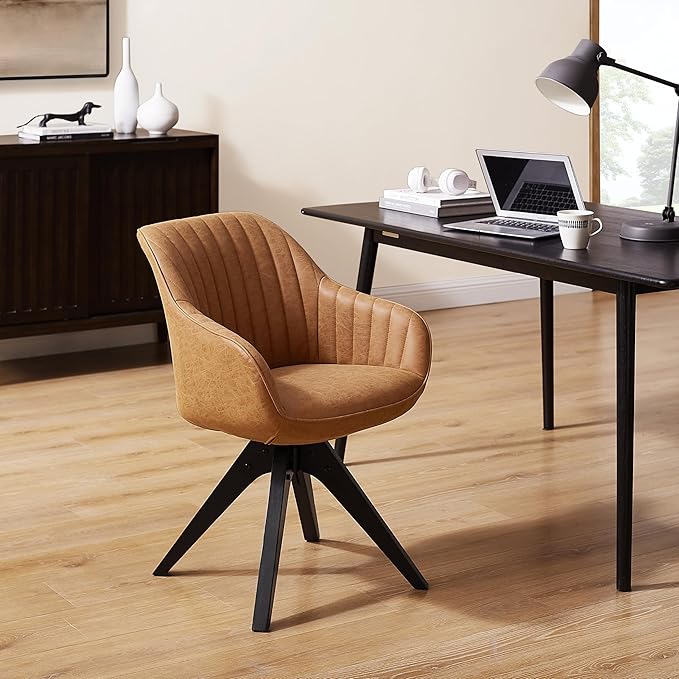 Zouron Mid Century Modern Accent Chair with Black Oak Wood Legs, Upholstered Swivel Chair No Wheels, Side Accent Armchair Vanity Chair for Small Space Home Office Living Room Bedroom, Brown
