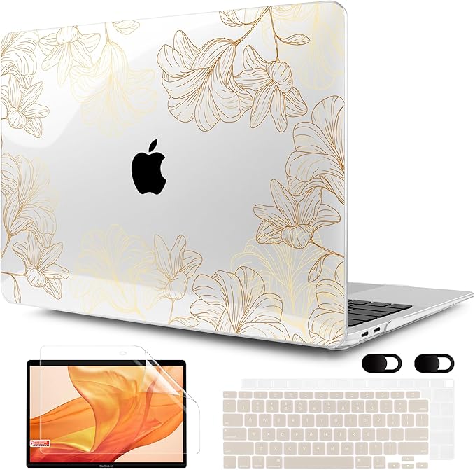 MEEgoodo for MacBook Air 13 inch Case 2021 2020 2019 2018 Released A2337 M1 A2179 A1932 with Touch ID, Plastic Hard Shell & Keyboard Cover Compatible with MacBook Air Case 13.3, Drawn Golden Floral
