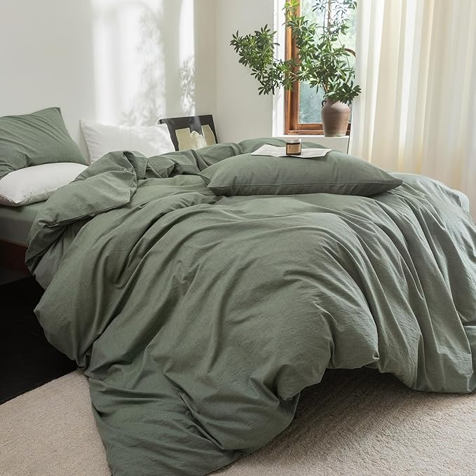 FOSSA Duvet Cover Set 100% Washed Cotton Linen Feel Super Soft Breathable Cozy Simple Style 3 Pieces Bedding Sets Solid Heathered Green King