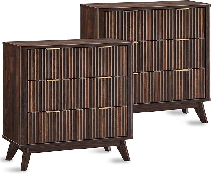 T4TREAM Fluted 3 Drawers Nightstand Set of 2, Oversized Extra Large Modern Side Table, End Table Bedside for Bedroom, Living Room, Curved Profile Design, Dark Walnut