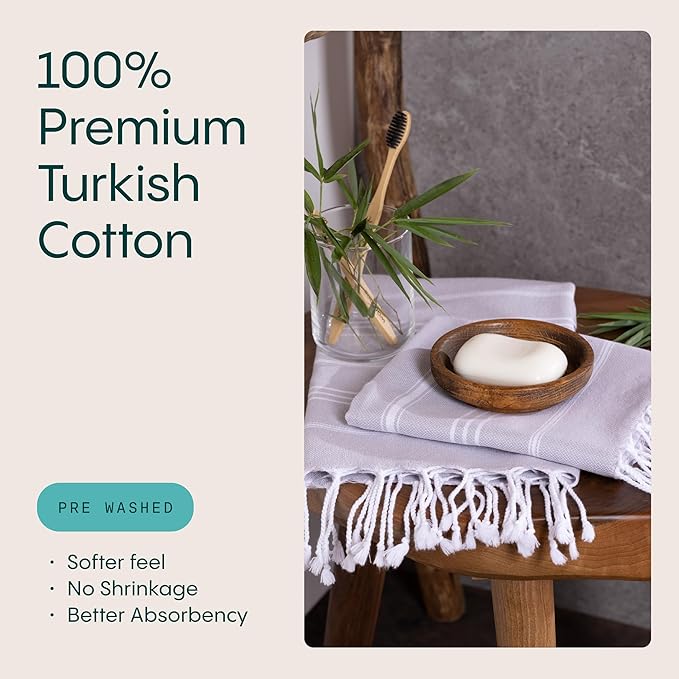 WETCAT Turkish Hand Towels with Hanging Loop, Set of 2 (20" x 30") 100% Turkish Cotton, Pre-Washed, Quick Drying, for Kitchen or Bathroom - Light Grey
