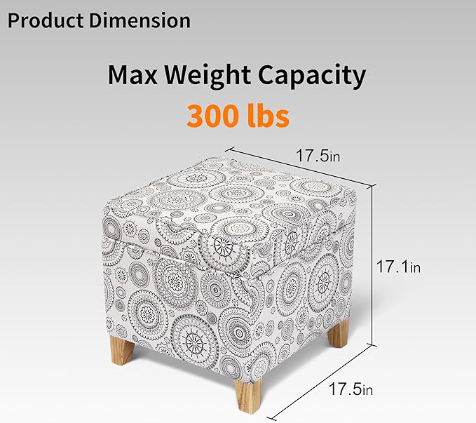 Adeco 17" Square Ottoman with Storage, Small Mandala-Persian Flower Pattern Storage Ottoman Foot Rest with Hinged Lid & Solid Wood Legs, Linen Fabric Foot Stool for Living Room & Bedroom