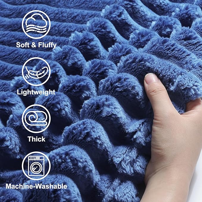 decorUhome Christmas Soft Fleece Navy Blue Twin Blanket for Bed, Cozy Fluffy Plush Flannel Striped Throws for Couch Sofa, Lightweight Decorative Ribbed Fuzzy Blanket for Woman, 60x80 Inches