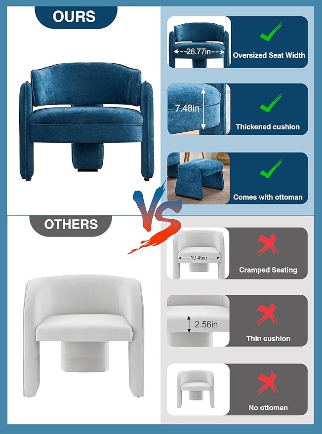 LOULENS Accent Chair with Ottoman, Oversized Barrel Chair, Modern Upholstered Comfy Armchair for Living Room, Bedroom, Reading Room & Corner, Blue