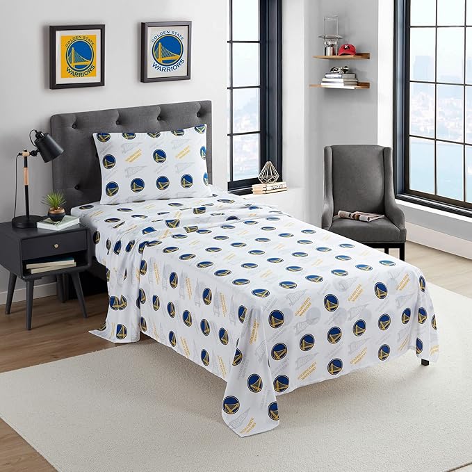 NORTHWEST Officially Licensed Golden State Warriors NBA Queen Size Sheet Set – Soft Team Logo Bedding for Dorms, Bedrooms, Fan Caves & Game Day Style