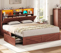 VIAGDO Farmhouse Bed Frame Queen Size with Bookcase Storage Headboard, Charging Station and LED Lights, Wooden Queen Bed Frame with 4 Drawers, Barn Door Design, No Box Spring Needed, Reddish Brown
