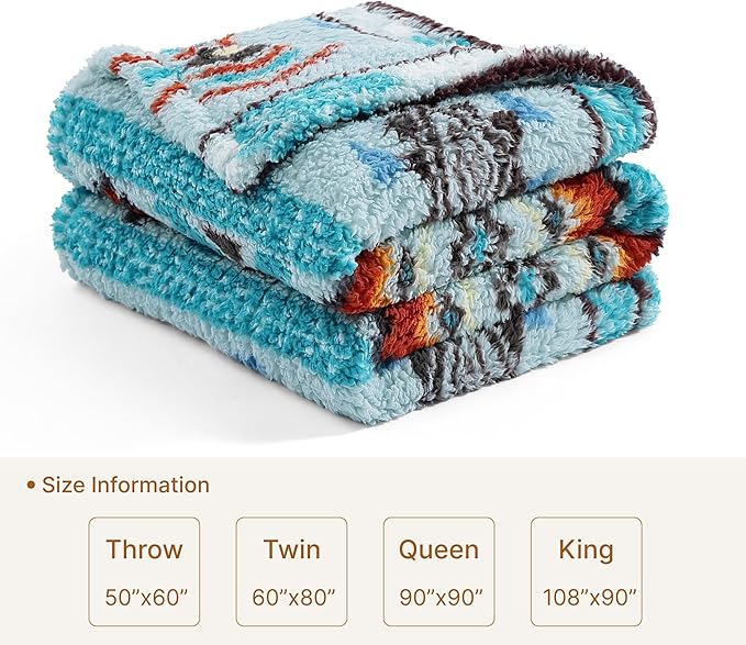 CASAAGUSTO Boho Sherpa Throw Blanket, Aztec Throw, Ultra Soft, Warm, Cozy, Plush, Thick Fleece Bohemian Throw Blanket for Couch, Bed, Sofa (Aqua 50 * 60 Inch)