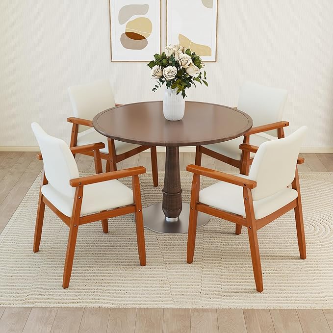 thksbought Mid Century Modern Walnut Dining Chairs Wood Arm Beige Fabric Kitchen Cafe Living Room Decor Furniture