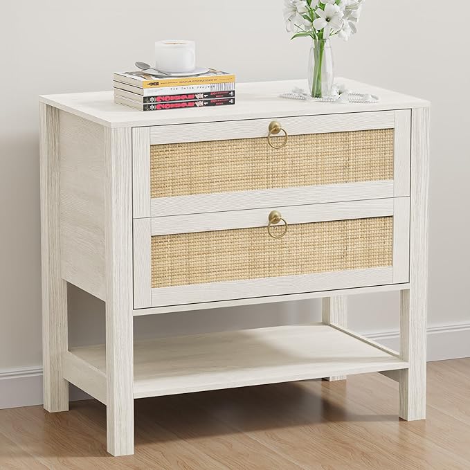White Nightstand with 2 Drawers and Storage Shelf, 26” Tall Boho Night Stand, Wood Large Bedside Table with Golden Handle for Bedroom, Side Table, White Cream Oak