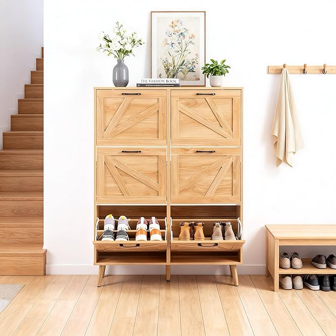 VINGLI 6 Flip Drawer Shoe Cabinet for Entryway, Rustic Shoe Storage Cabinet with 5 Solid Wood Legs, Farmhouse Barn Door Design Shoe Organizer for Hallway, Bedroom, or Living Room, Natural Wood Finish