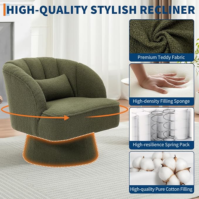 GarveeHome Modern Swivel Barrel Accent Chair, 360° Teddy Fabric Upholstered Armchair with Striped Backrest & Plush Padding, Comfy Round Lounge Chair for Living Room, Bedroom, Reading Nook, Green