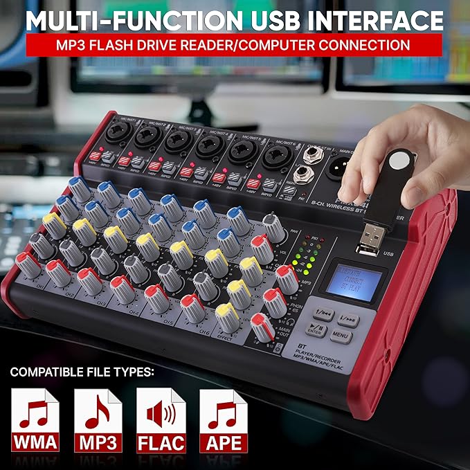 Pyle Professional Wireless DJ Audio Mixer - 8-Channel Bluetooth Compatible DJ Controller Sound Mixer w/USB Port, 6 Mic/Line Input, ¼” Mono/Stereo Input, Headphone Jack, +48V Phantom Power - PMX848BT