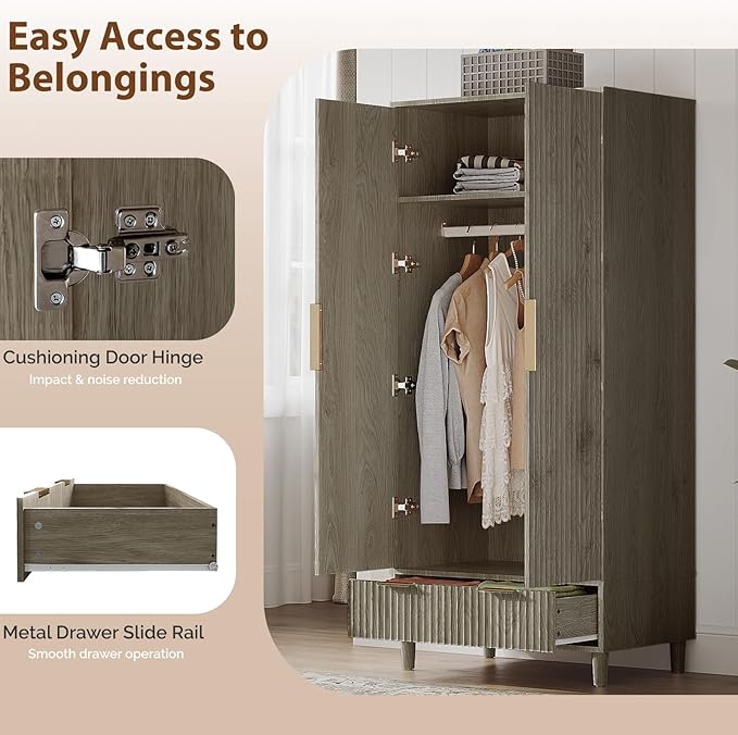VINGLI Fluted Armoire Wardrobe Closet Wooden with Doors and Drawers, Wardrobe Cabinet with Hanging Rack, Bedroom Closet Wood, Free Standing Armoire with Shelf and Solid Wood Legs, Grey
