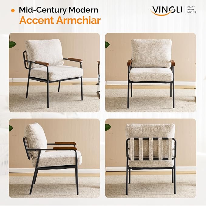 VINGLI Mid-Century Modern Accent Armchiar for Small Space, Small Comfy Upholstered Leisure Reading Chair with Wood Armrest for Bedroom, Living Room, Waiting Room, Linen Beige